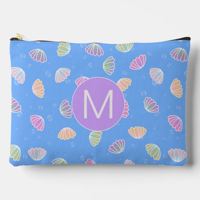 Colourful Seashells Pattern Light Blue Monogram Accessory Pouch (Front)
