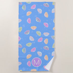 Colourful Seashells Pattern Light Blue Monogram Beach Towel