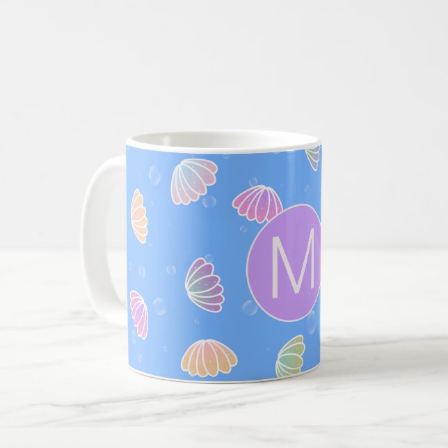 Colourful Seashells Pattern Light Blue Monogram Coffee Mug (Front Left)