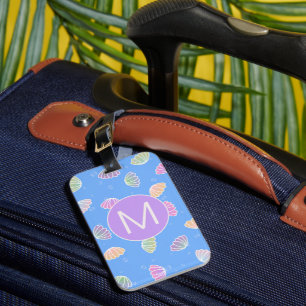 Colourful Seashells Pattern Light Blue Monogram Luggage Tag