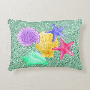Colourful Seashells & Starfish Soft Green Decorative Cushion