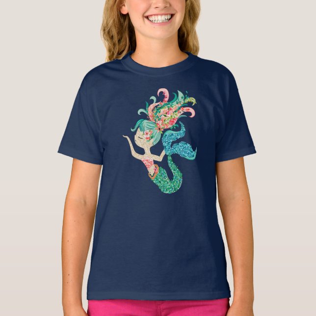 Colourful seashore flowers mermaid illustration T-Shirt (Front)