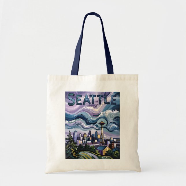 Colourful Seattle Skyline Van Gogh Cityscape Trave Tote Bag (Front)