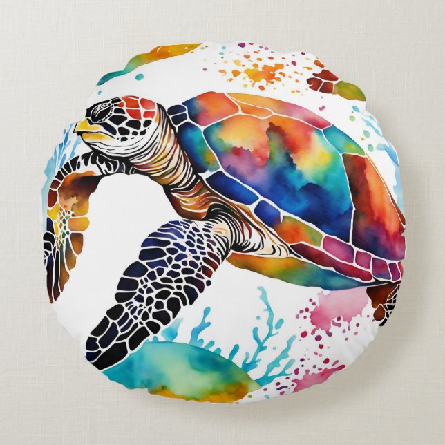 Colourful Seaturtle Art Round Cushion (Front)
