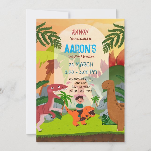 Colourful Second Birthday Dinosaur Adventure Party Invitation (Front)