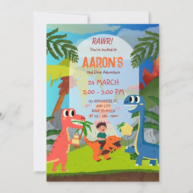 Colourful Second Birthday Dinosaur Adventure Party Invitation (Front)