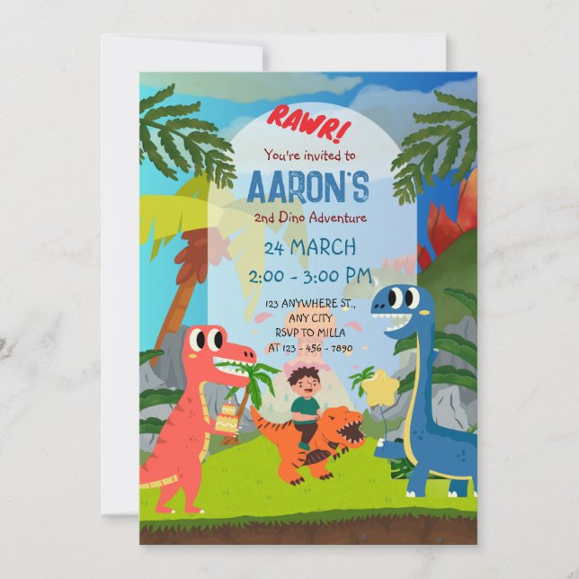 Colourful Second Birthday Dinosaur Adventure Party Invitation (Front)