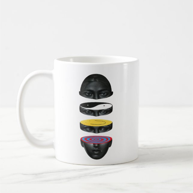 colourful seperate grey faces art coffee mug (Left)
