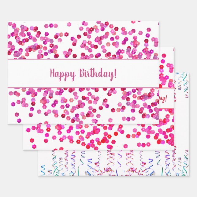 Colourful Sequins and Streamers Personalised Wrapping Paper Sheet (Set)