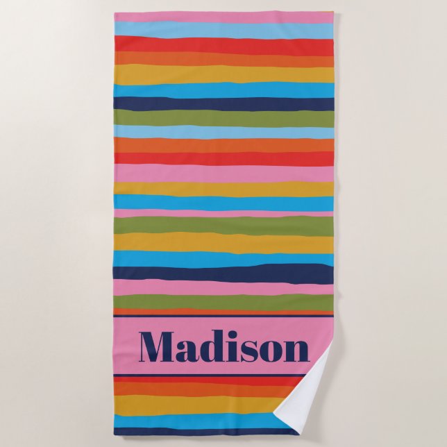 Colourful Serrate Stripes Pattern Personalised Beach Towel (Front)