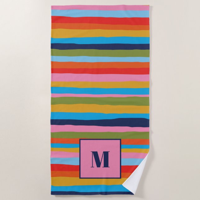Colourful Serrate Stripes Pattern with Initial Beach Towel (Front)