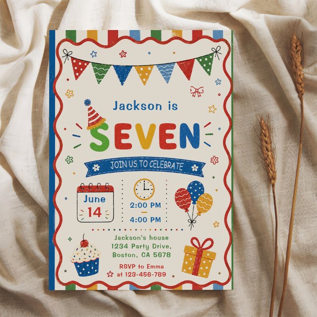 Colourful SEVEN 7th Birthday Party Invitation (Creator Uploaded)