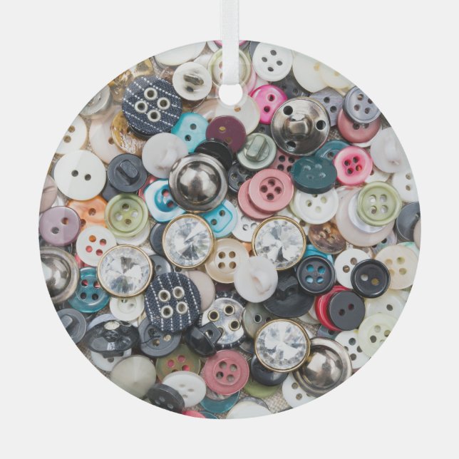 Colourful sewing buttons, natural fabric backgroun glass tree decoration (Front)