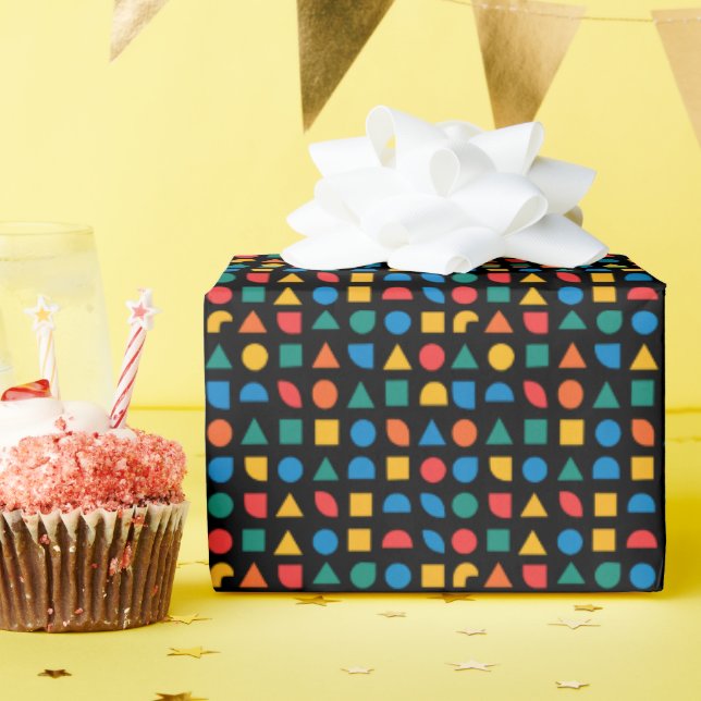 Colourful shapes on black background gift wrap  (Birthday Party)
