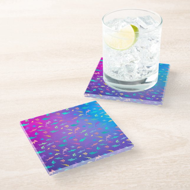 Colourful shark under the sea School Party Glass Coaster (Angled)