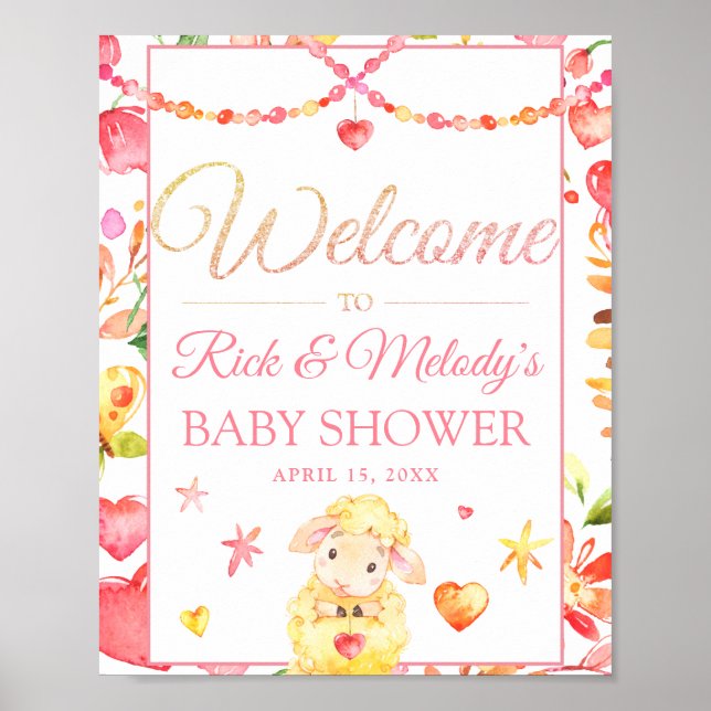 Colourful Sheep / Lamb Girl's Baby Shower Welcome Poster (Front)