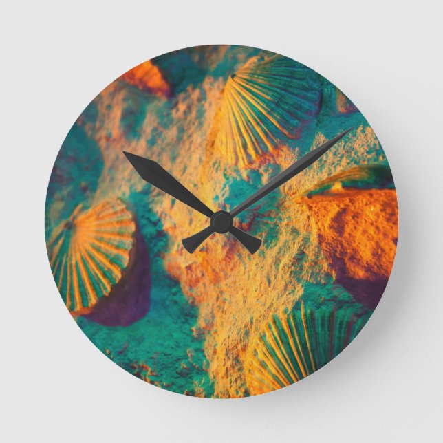 Colourful Shells and Sand on the Beech Round Clock (Front)
