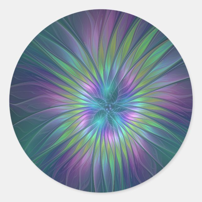 Colourful Shiny Fantasy Flower Abstract Fractal Ar Classic Round Sticker (Front)