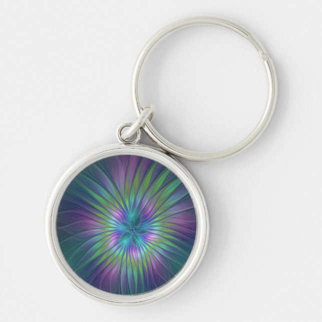 Colourful Shiny Fantasy Flower Abstract Fractal Ar Key Ring (Front)
