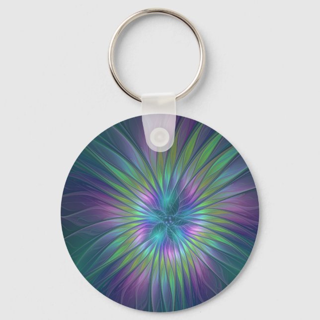 Colourful Shiny Fantasy Flower Abstract Fractal Ar Key Ring (Front)