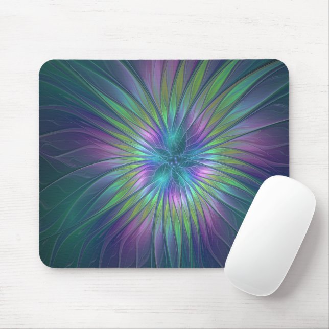 Colourful Shiny Fantasy Flower Abstract Fractal Ar Mouse Mat (With Mouse)