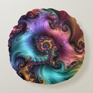 Colourful Shiny Fantasy Flower Abstract Fractal Ar Round Cushion