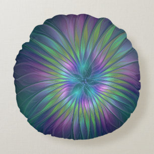 Colourful Shiny Fantasy Flower Abstract Fractal Ar Round Cushion