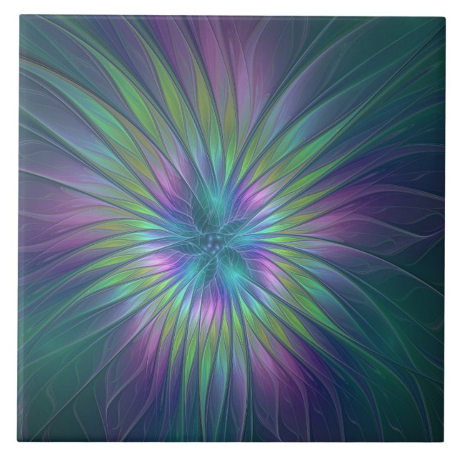 Colourful Shiny Fantasy Flower Abstract Fractal Ar Tile (Front)
