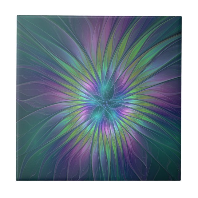 Colourful Shiny Fantasy Flower Abstract Fractal Ar Tile (Front)