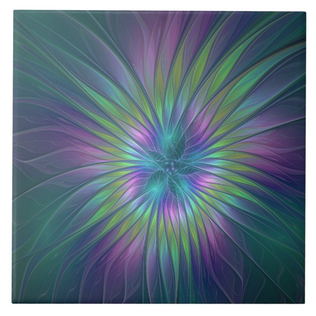 Colourful Shiny Fantasy Flower Abstract Fractal Ar Tile (Front)