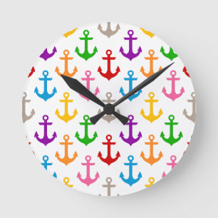 Colourful Ship Anchor Design White Round Clock