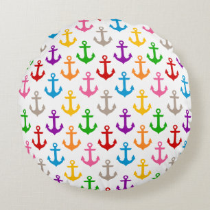 Colourful Ship Anchor Design White Round Cushion