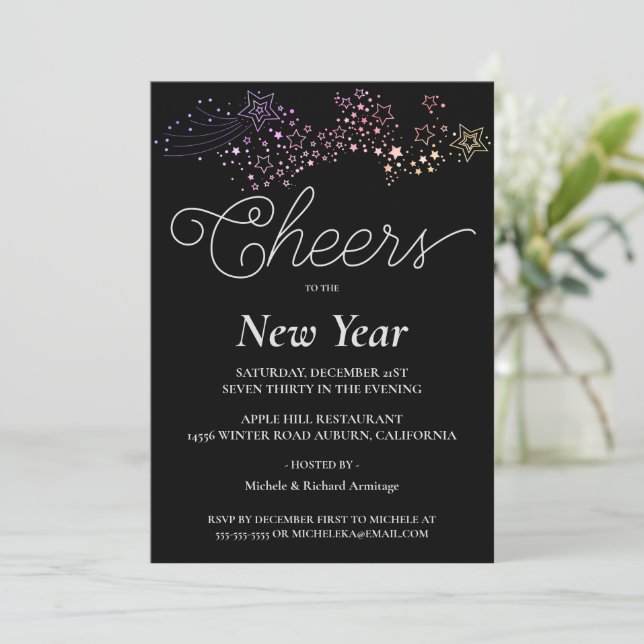 Colourful Shooting Stars New Years Invitation (Standing Front)