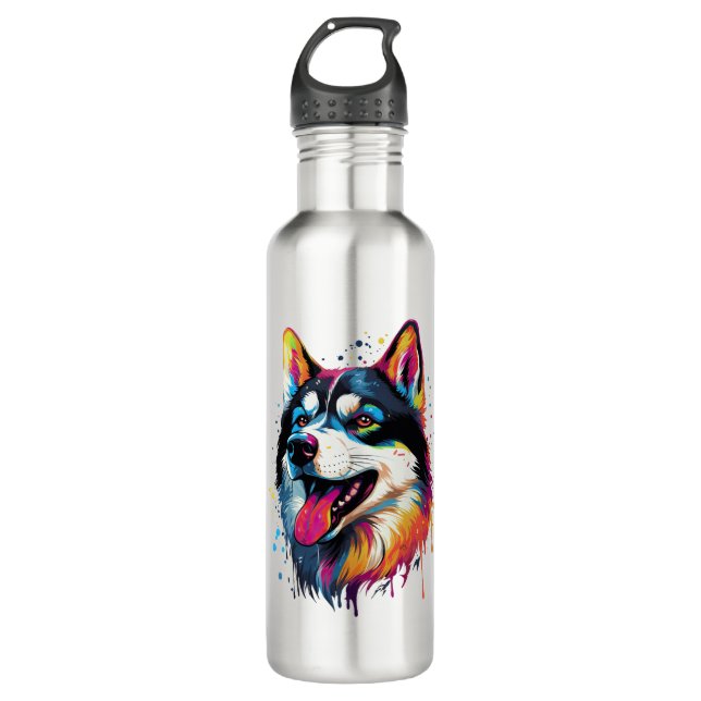 colourful Siberian Husky dog in PopArt style   710 Ml Water Bottle (Front)