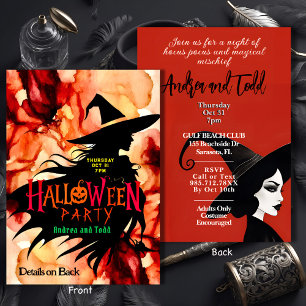 Colourful Silhouette witch watercolor Halloween Invitation