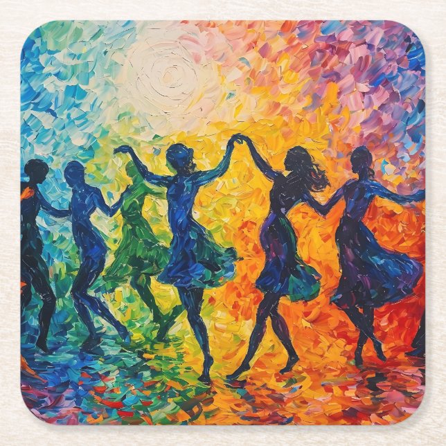 Colourful Silhouettes Dancing Square Paper Coaster (Front)