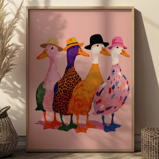 Colourful Silly Geese Illustration Retro Animal Ar Poster