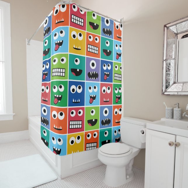 Colourful Silly Monster Face Monsters Pattern Kids Shower Curtain (In Situ)