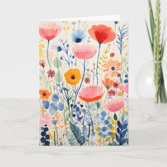 Colourful Simple Blooming Flower Meadow Folded Car Card (Front)