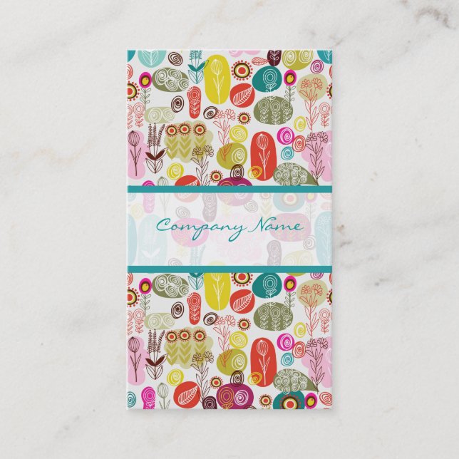Colourful Simple Hand Drawn Retro Flowers Pattern  Business Card (Front)