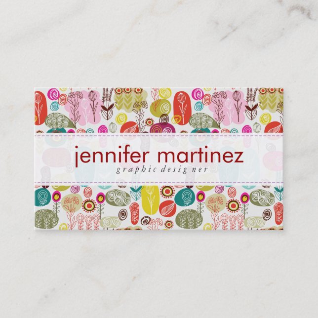 Colourful Simple Hand Drawn Retro Flowers Pattern  Business Card (Front)