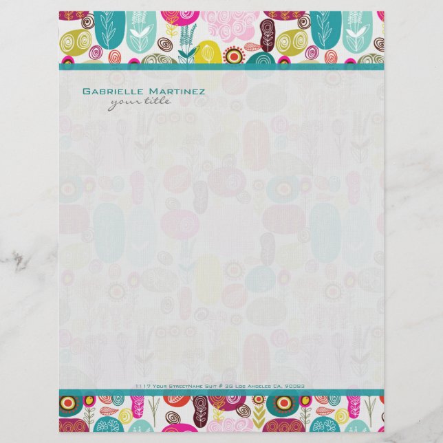 Colourful Simple Hand Drawn Retro Flowers Pattern  Personalized Letterhead (Front)