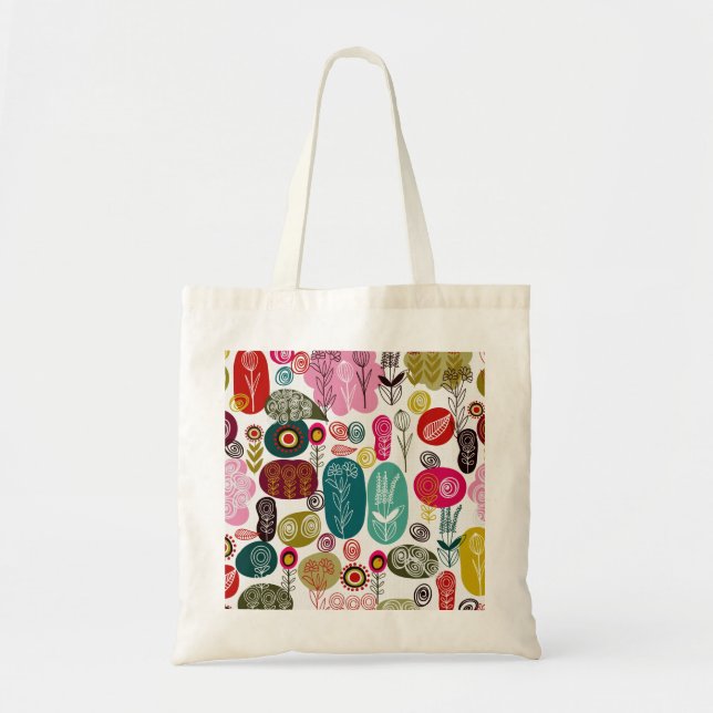 Colourful Simple Hand Drawn Retro Flowers Pattern Tote Bag (Front)