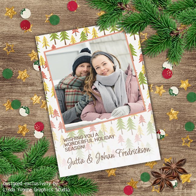 Colourful Simple Rustic Forest Pinetree Art Patter Holiday Card (Creator Uploaded)