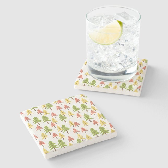 Colourful Simple Rustic Forest Pinetree Art Patter Stone Coaster (Side)