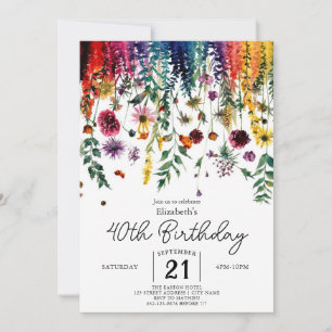 Colourful Simple Wildflowers 40th birthday Invitation
