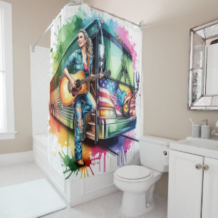 Colourful Singer With Guitar and Tour Bus Custom Shower Curtain