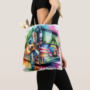 Colourful Singer With Guitar and Tour Bus Tote Bag