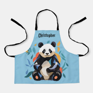 Colourful Sitting Panda Bear Personalised Name Blu Apron