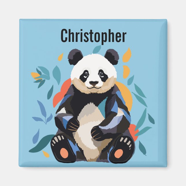 Colourful Sitting Panda Bear Personalised Name Blu Magnet (Front)